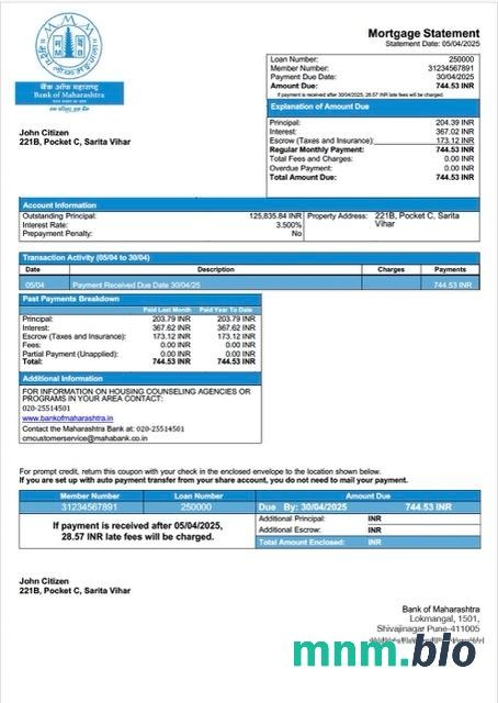 Indie Bank of Maharashtra wyciąg z kredytu hipotecznego szablon Word i PDF